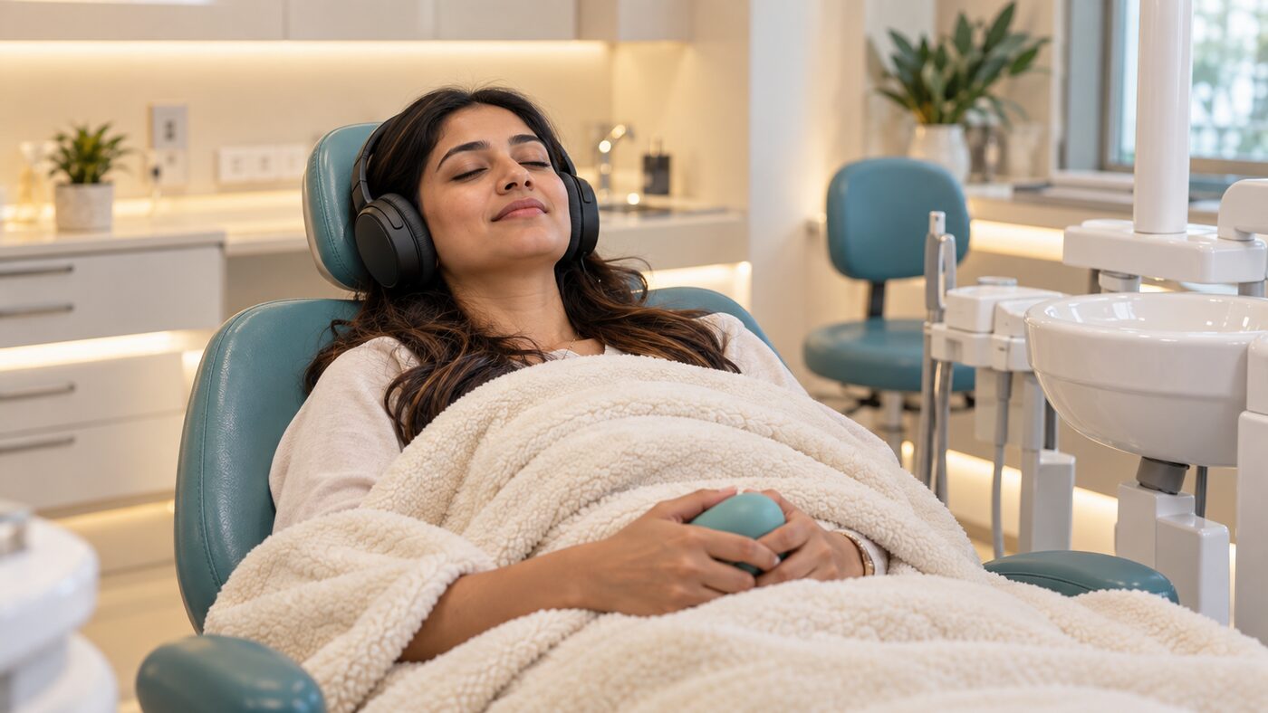 Featured image: Scared of the Dentist? Why Dental Anxiety Happens and 9 Ways to Make Your Next Visit Easier Calm, comfortable dental visit with noise-cancelling earphones at Designer Smiles, Mumbai