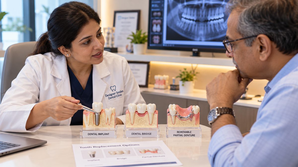 Dental implant, bridge and denture options explained Dentist explaining dental implant and bridge options at Designer Smiles, Vile Parle East, Mumbai