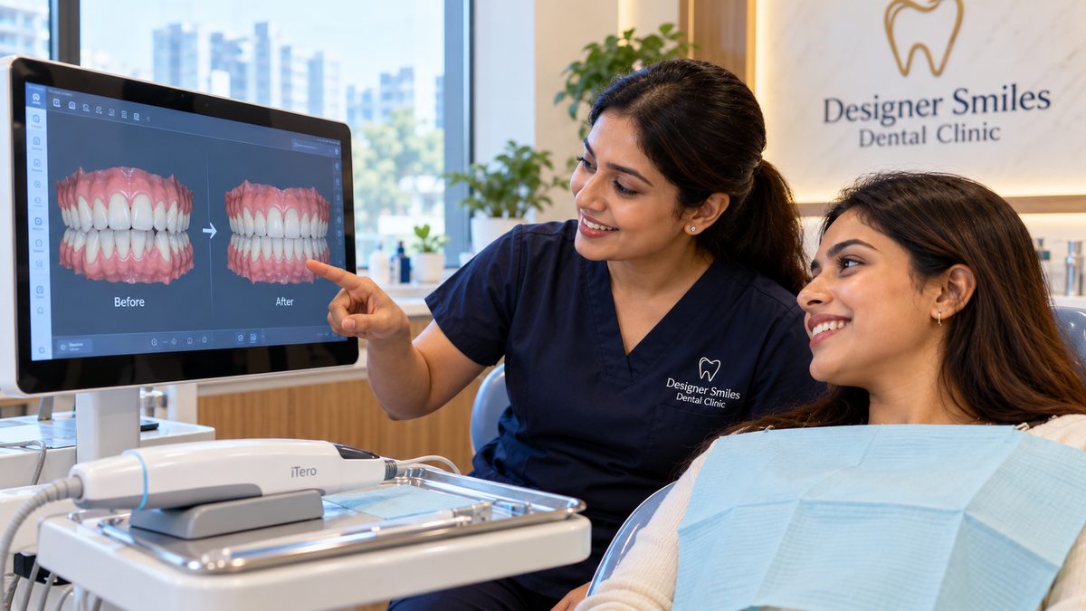 Clear aligner consultation with a 3D smile preview Invisalign clear aligner consultation at Designer Smiles, Vile Parle East, Mumbai